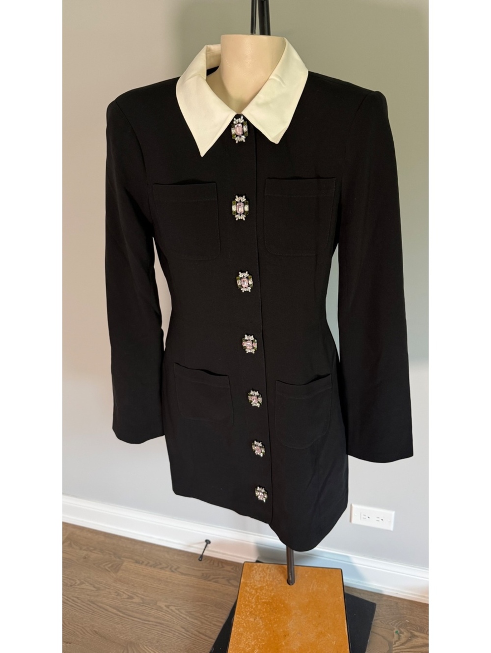 Cinq à Sept Women's Black Mini Dress with White Collar and Embellished Buttons